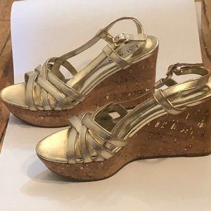 LAUREN Ralph Lauren Gold Metallic Leather Platform Wedge Sandals Women's 7.5B